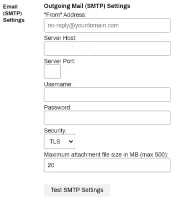 SMTP setting fields as seen in the Virtual Appliance. 