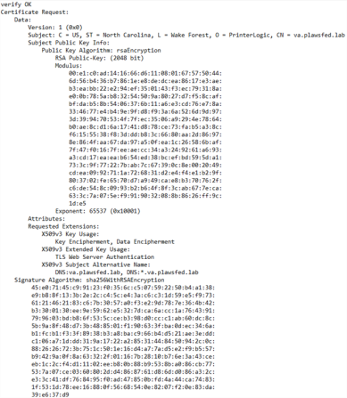 Sample output of using SSL to create the CSR. 