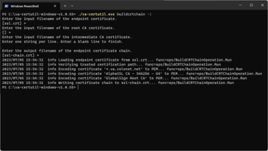 VA Cert Utility window showing the different configuration steps when using it to create a full-chain certificate file. 