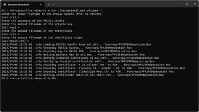 VA cert utility window showing the different configuration steps when using a PFX file. 