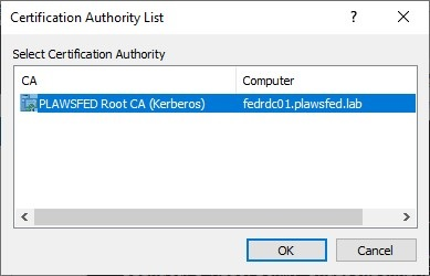 Certification Authority List window showing the instance certificate selected, and the OK and Cancel buttons in the bottom right. 