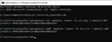 Command Prompt window showing the two identical MD5 hashes. 