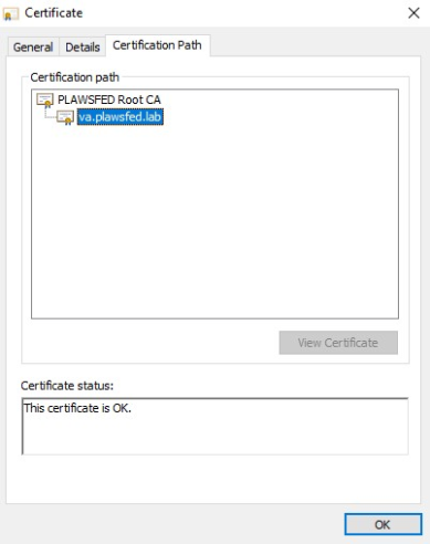 Certificate viewer showing the certification chain path, and a message saying the certificate is OK.