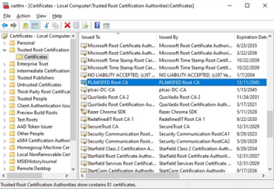 Trusted Root Certification Authority window showing the VA certificate added and highlighted.