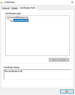 Certificate viewer showing the certification chain path, and a message saying the certificate is OK.