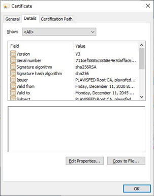 Certificate Details tab showing the certificate information, and the buttons for Edit Properties, Copy to File, and OK in the bottom right. 