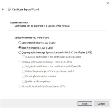 Certificate export wizard showing the Base 64 encoded x 509 certificate option selected, and the Next button in the lower right highlighted. 