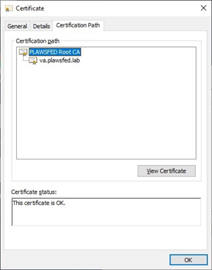 Certificate viewer showing the certification chain path and the buttons for View Certificate and OK on the right. 