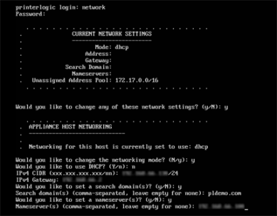 VA web console, after logging in with network settings credentials, with the adjustable network settings all displayed and highlighted.