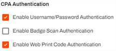 CPA Authentication section showing the Enable Web Print Code Authentication option enabled. 