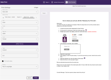 Web Print Portal Print Settings section showing the different fields and settings that can be modified before sending the print job. 