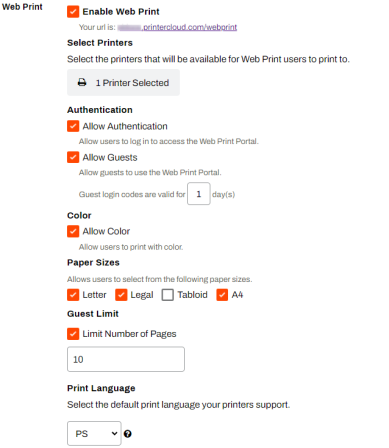 Web Print settings showing the different fields and enabled options. 