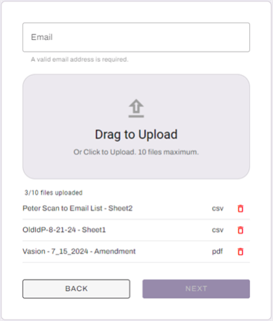 Web Print Portal showing the upload option, printer selection dropdown, and the Next button. 