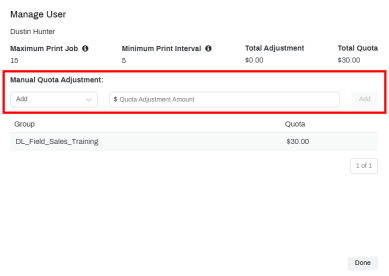 Manage User pop-up with the Manual Quota Adjustment section highlighted. 