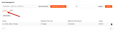 Quota Management tab with an arrow pointing to the Groups option under the Tiime Period drop-down.