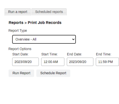 Print Job Records report showing the Report Type drop-down expanded to show the different options.