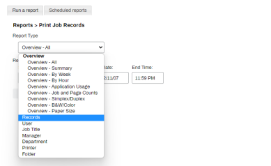 Print Job Records report showing the Report Type drop-down expanded with the Records option highlighted.