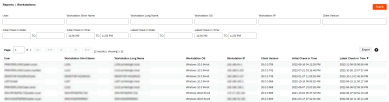 Workstations report showing the data returned in columns for the workstation's name, user, OS, IP Address, Client version, and check-in dates.