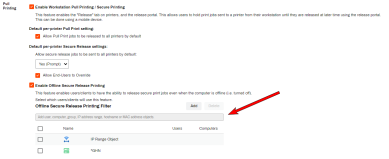 Printing tab's Pull Printing section showing the enabled Offlline Secure Release settings, and the Expanded filter where specific users/groups can be added to use this feature. 