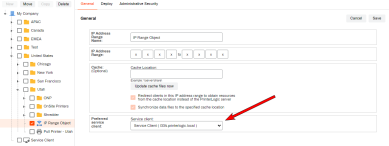 IP Address Range's General tab with an arrow poitning to the Preferred Service Client drop-down. 