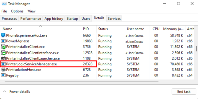 Task Manager Details tab view with the PrinterLogic Service Manager service running and highlighted.