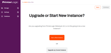 VA Wizard showing two button options, Start a New Instance, or Upgrade my Current Instance.