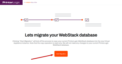 VA Wizard, Let's Migrate your WebStack database tab with an arrow pointing to the Start Migration button. 