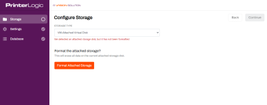 Configure Storage tab of wizard displaying the Storage Type drop-down and the Format Attached Storage button. 