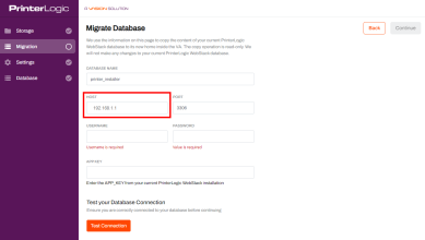 Migrate Database window showing the field for Host highlighted in the middle. 