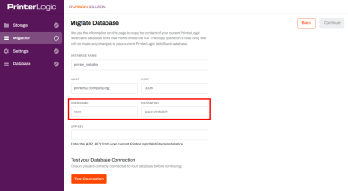 Migrate Database tab with the Username and Password fields highlighted. 