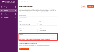 Migrate database tab with the field for the App Key highlighted.