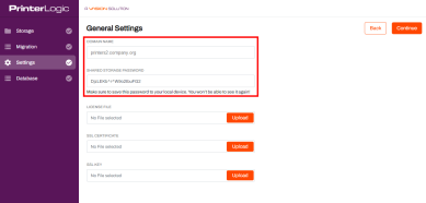 Va wizard General Settings tab with the Domain Name and Shared Storage Password highlighted. 