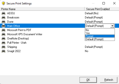 Secure Print Settings pop-up showing one printer selected, and the drop-down toggle for release prompts expanded to the right. 